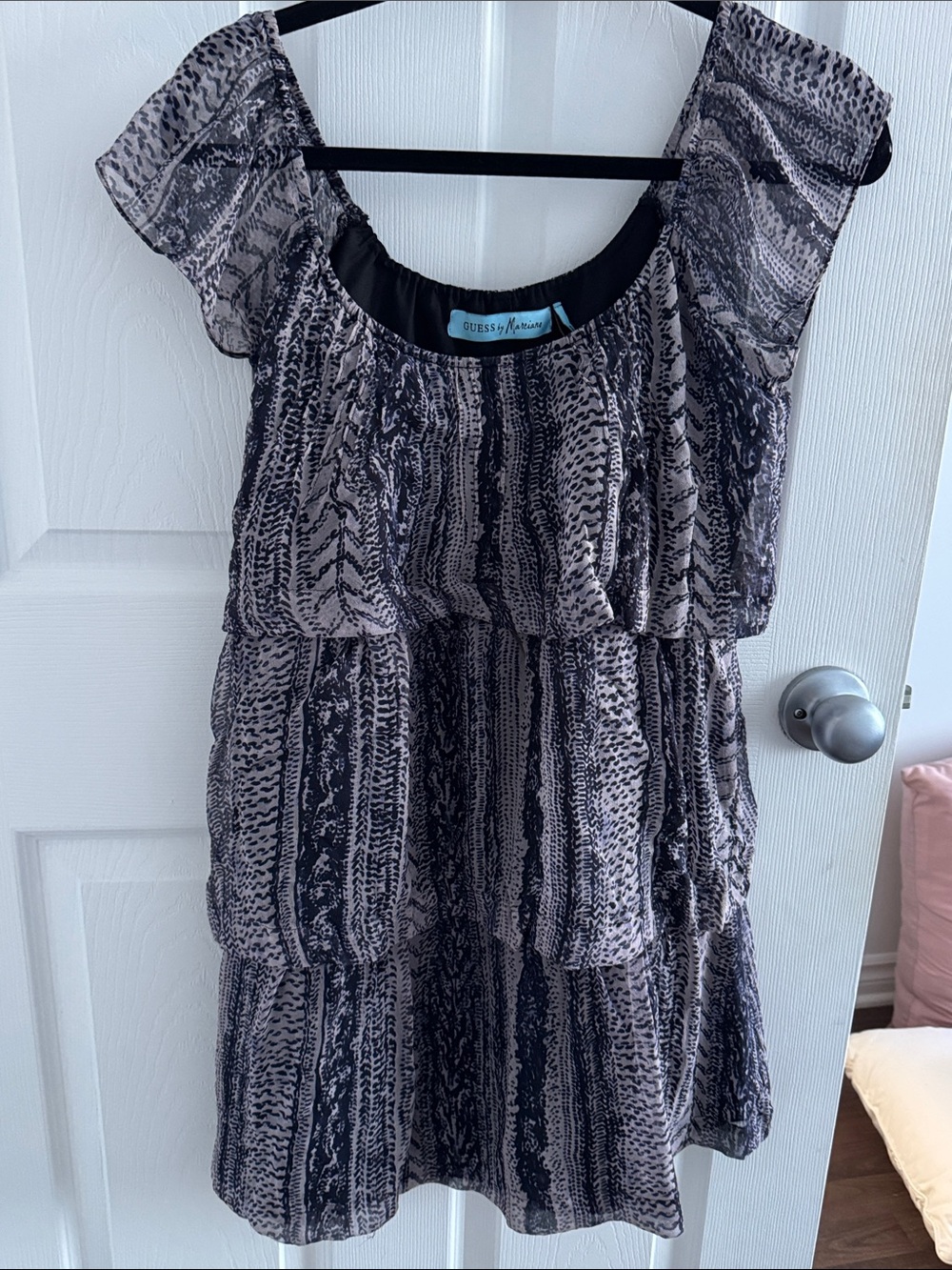 Guess by Marciano Black and Gray Tiered Printed Mini Dress